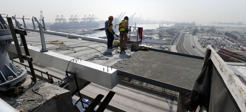Crews worked in September 2020 to get the Gerald Desmond Bridge Replacement Project closer to its grand opening in Long Beach, California.
