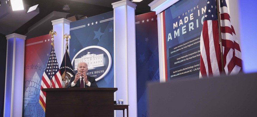 President Joe Biden delivers remarks during an event September 2, 2022 in Washington, DC. Biden spoke on the “American Rescue Plan” and investments in the legislation targeting regional economic strategies.