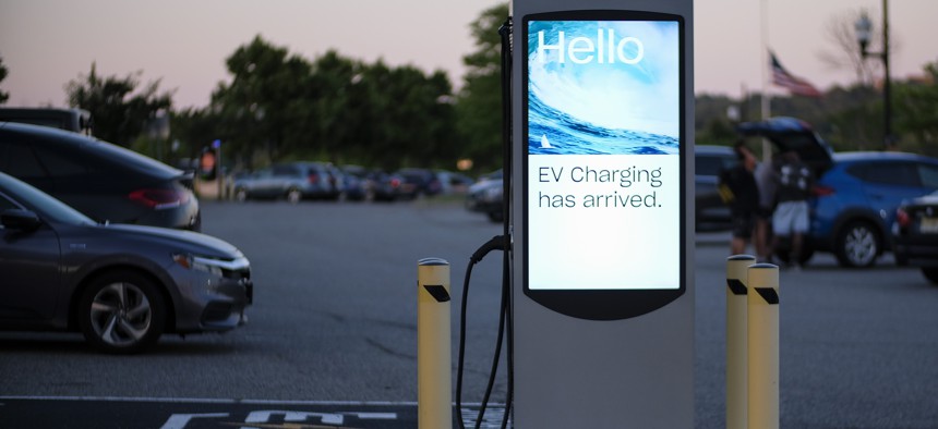 An EV charging stations are seen at Overpeck County Park this June in Leonia, New Jersey. The Biden administration is revealing a new set of standards to help accelerate the installation of 500,000 electric vehicle chargers across the US by 2030.