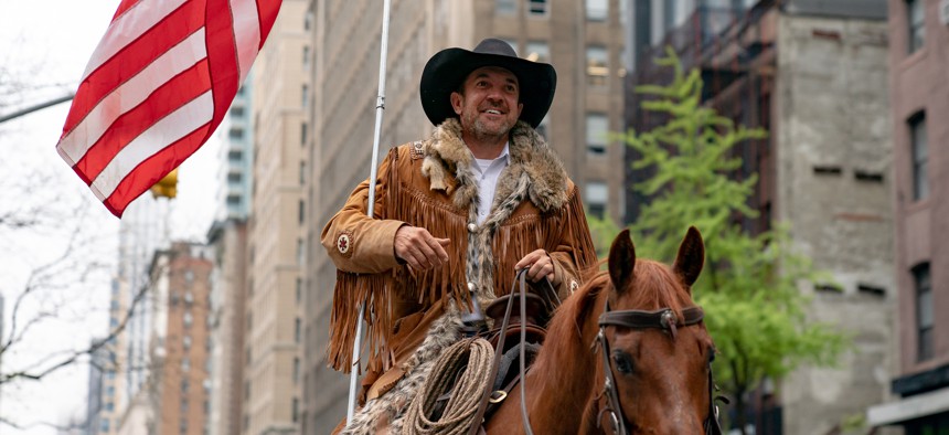Former Otero County Commission Chairman and Cowboys for Trump co-founder Couy Griffin rides his horse on 5th avenue on May 1, 2020 in New York City. 