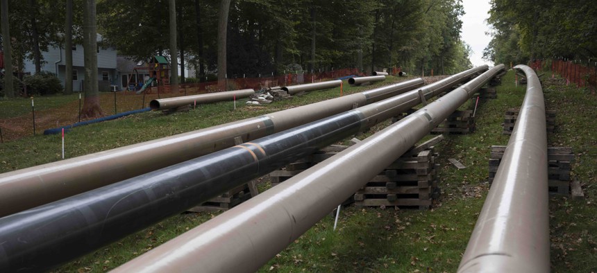 Private homes surround Sunoco's 20 inch gas liquids pipeline along a right-of-way October 5, 2017 in Marchwood, Pennsylvania. 
