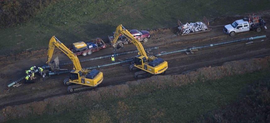An aerial view shows a natural gas pipeline under construction October 26, 2017 in Smith Township, Washington County, Pennsylvania.