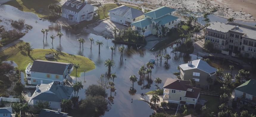 Homes are left surrounded by flood water in the aftermath of Hurricane Irma in St. Augustine, Florida in 2017.