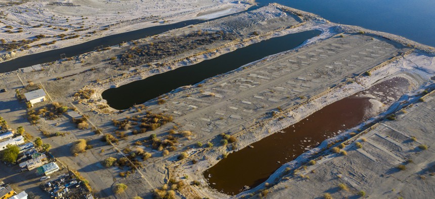 Abandoned marinas that have became landlocked as the Salton Sea evaporates are seen on February 26, 2021 in Thermal, California.