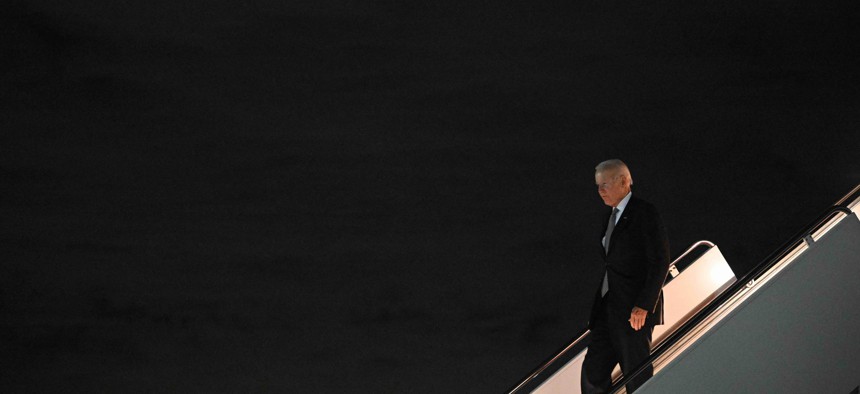 US President Joe Biden steps off Air Force One upon arrival at Andrews Air Force Base in Maryland on Oct. 6, 2022.