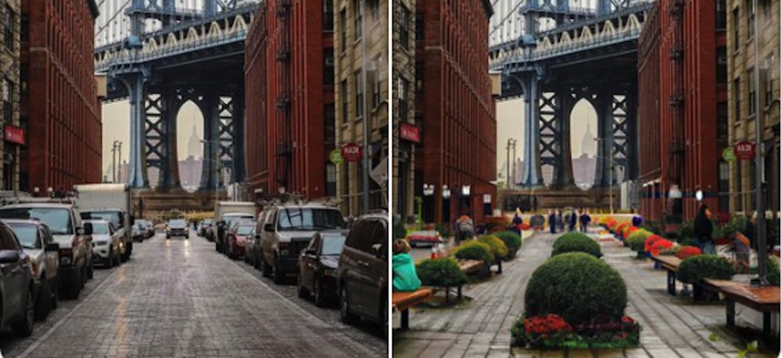 Two images show Washington Street in Brooklyn, New York, as it currently stands (left) and how it would look with a walkway and park benches according to a DALL-E rendition. 