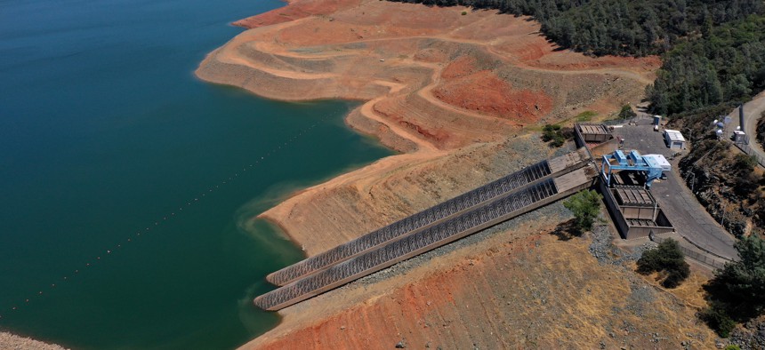 In an aerial view, intake gates are visible at the Edward Hyatt Power Plant intake facility at Lake Oroville on July 22, 2021 in Oroville, California.