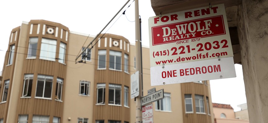 A for rent sign is posted in front of an apartment building on Sept. 01, 2020 in San Francisco, where one-bedroom apartments were less expensive than in Boston in October this year, according to one ranking.