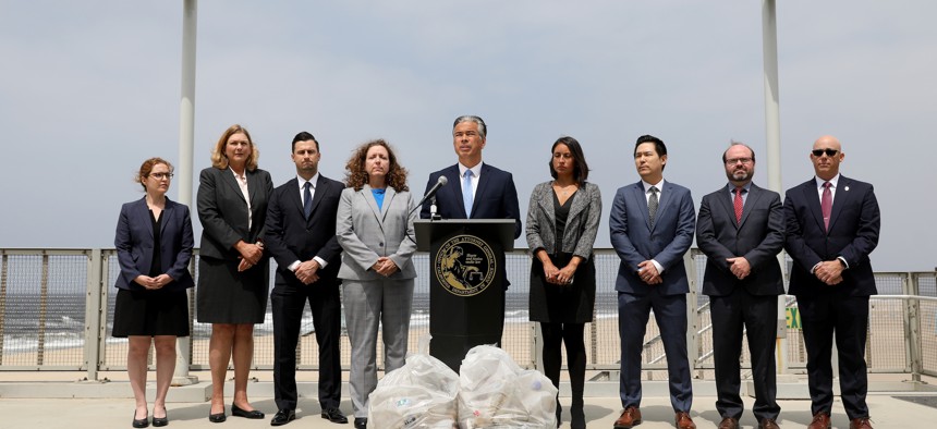 California Attorney General Rob Bonta speaks at an April press conference about his office's investigation into the plastics industry.