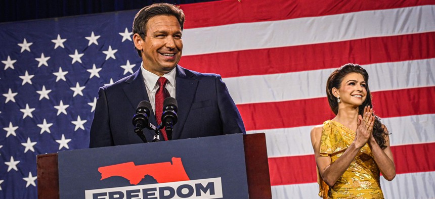 Florida Gov. Ron DeSantis with his wife Casey DeSantis speaks to supporters during an election night watch party at the Convention Center in Tampa, Florida, on November 8, 2022.