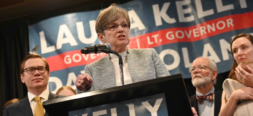 Incumbent Democratic Gov. Laura Kelly addresses the crowd during her watch party at the Ramada Hotel Downtown Topeka on November 8, 2022 in Topeka, Kansas.