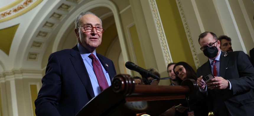 Senate Majority Leader Chuck Schumer speaks at the U.S. Capitol.