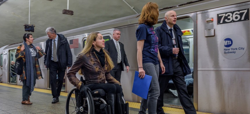 Activists from the Elevator Action Group with Rise and Resist took a subway ride with NYCT President Andy Byford on April 13, 2018. The trip illuminated some of the problems with signage, separate fare payment systems, boarding areas, and many other accessibility issues. 