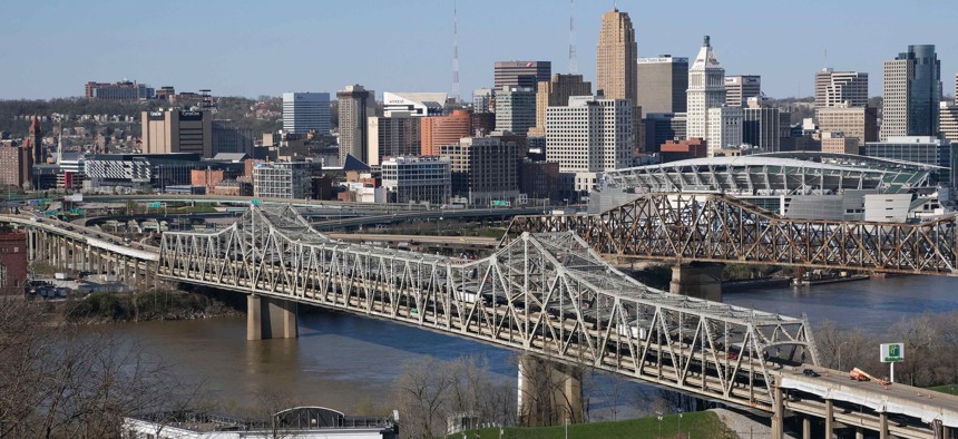 The Brent Spence Bridge spans the Ohio River on the Ohio-Kentucky border in Cincinnati, Ohio.