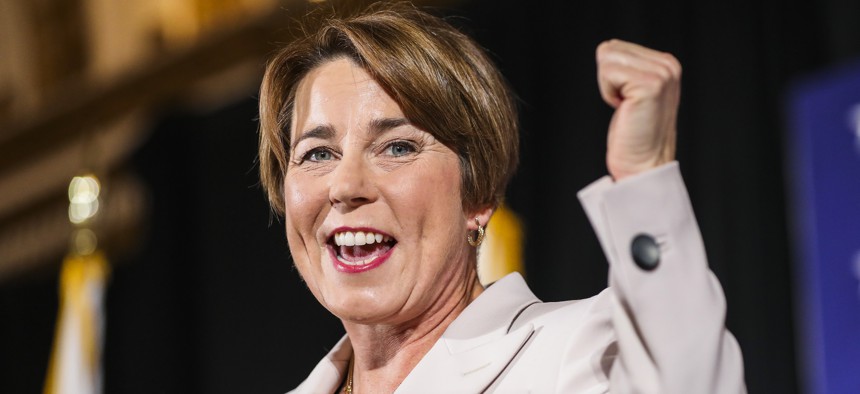 Maura Healey celebrates her historic win as Massachusetts's first female governor in November.