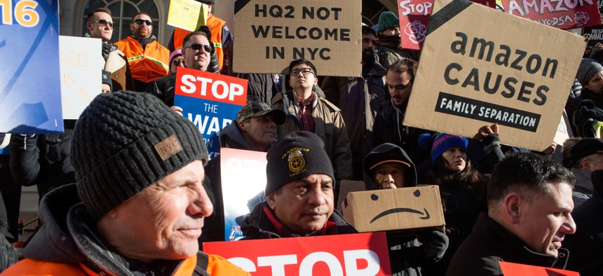 Residents of a Queens working-class neighborhood in New York City protest against Amazon’s proposed second headquarters in 2018.