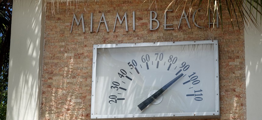 A thermometer registers over 90 degrees on Aug. 16, 2022 in Miami Beach. Miami-Dade County could see some of the most extreme change in heat waves in the coming years. 