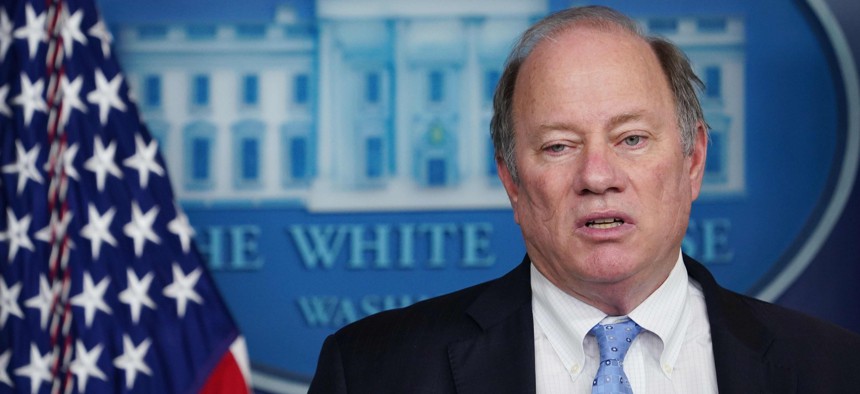 Detroit Mayor Mike Duggan, seen here during a White House briefing during 2021, is among the mayors voicing concerns that Republicans will try to claw back cities' unspent federal pandemic relief dollars.