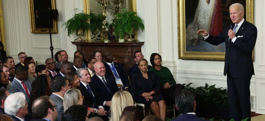  President Joe Biden speaks to mayors from across the country during an event at the East Room of the White House on January 20, 2023 in Washington, DC. 