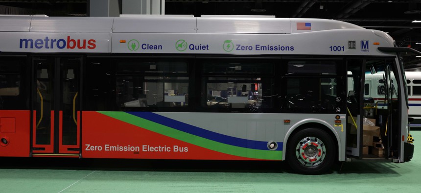An all-electric Metro bus is on display during a preview at the Washington, D.C. Auto Show at Walter E. Washington Convention Center on January 19, 2023 in Washington, DC. 