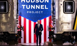 President Joe Biden arrives to give a speech on the Hudson River tunnel project at the West Side Yard on January 31, 2023 in New York City. 