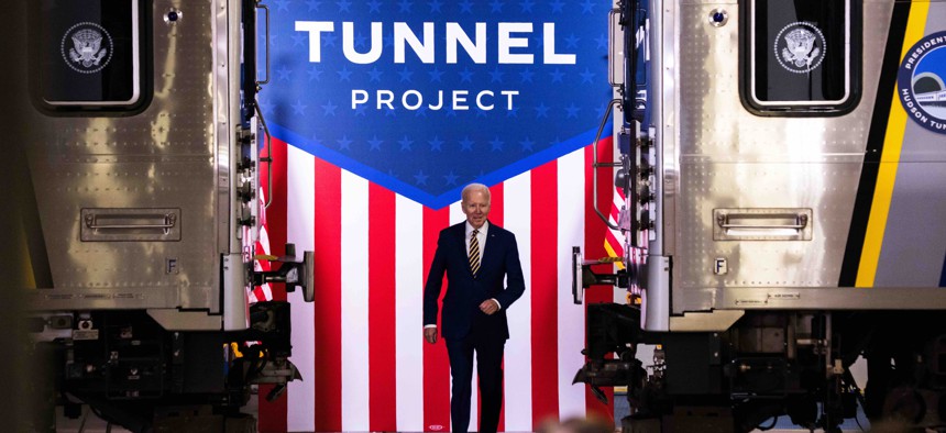 President Joe Biden arrives to give a speech on the Hudson River tunnel project at the West Side Yard on January 31, 2023 in New York City. 