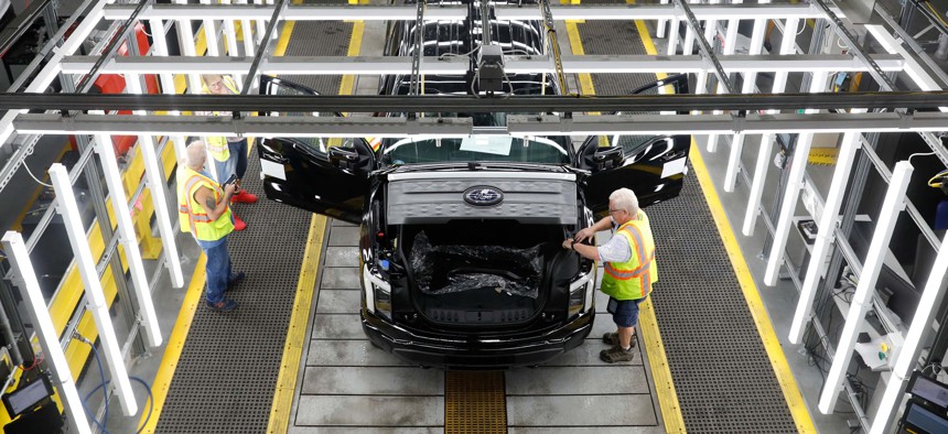 Ford Motor Co. battery powered F-150 Lightning trucks under production at their Rouge Electric Vehicle Center in Dearborn, Michigan on Sept. 20, 2022.