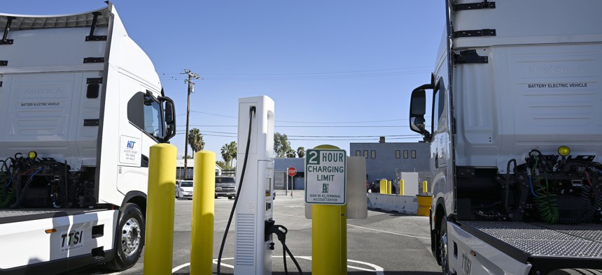 A publicly accessible charging station for heavy-duty trucks in the Port of Long Beach, California on November 18, 2022.