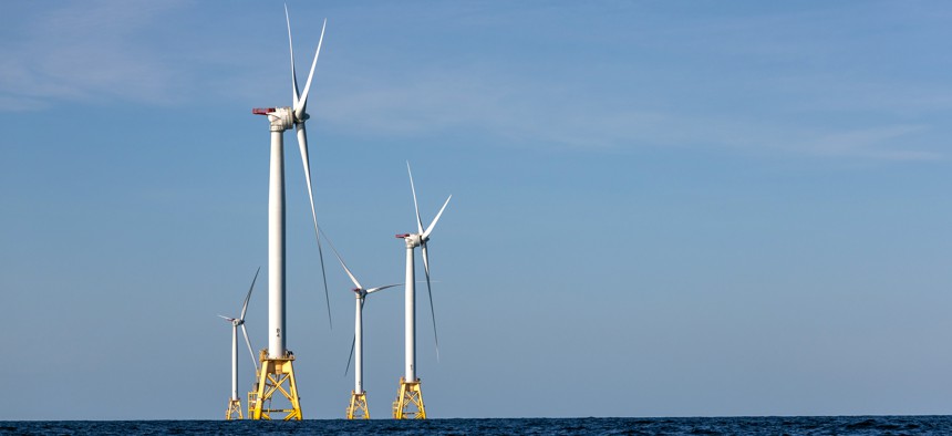 Wind turbines generate electricity at the Block Island Wind Farm near Block Island, Rhode Island. It is the first commercial offshore wind farm in the U.S.