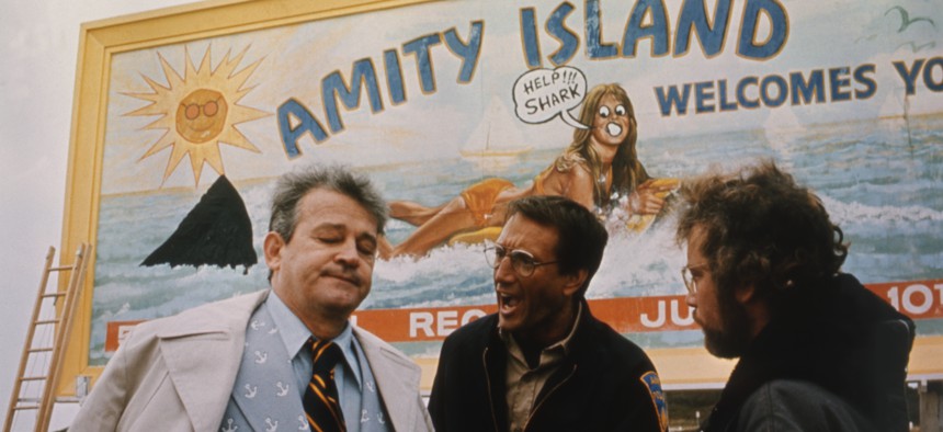 The movie "Jaws" is a local government classic. Mayor Vaughn (left) gets an earful from Chief Brody.