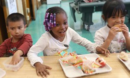 Kindergarten students eat lunch in Oakland in 2018.