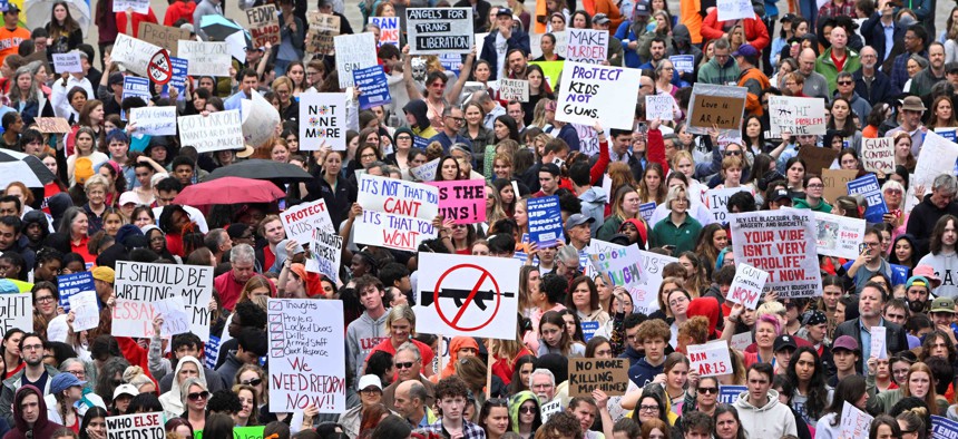 Anti-gun demonstrators protest at the Tennessee Capitol for stricter gun laws in Nashville, Tennessee, on April 3, 2023.