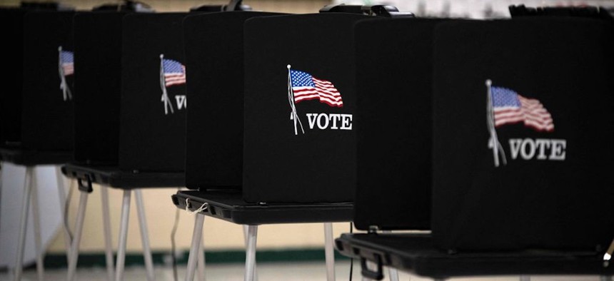 Voting booths are seen at Glass Elementary School's polling station in Eagle Pass, Texas, on November 8, 2022. 