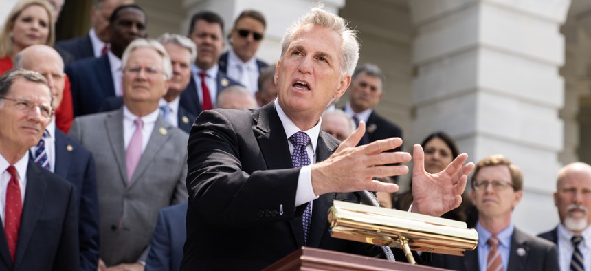 Speaker of the House Kevin McCarthy, R-Calif., conducts a news conference with House and Senate Republicans on the "debt crisis." 