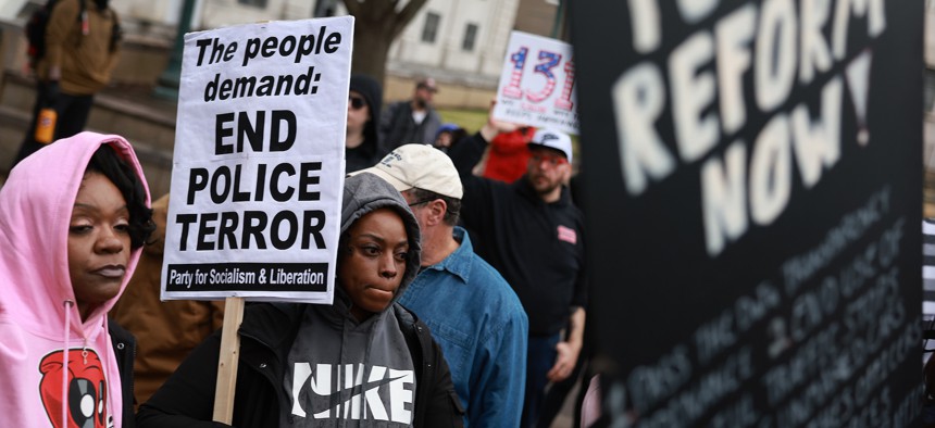 Demonstrators protest the death of Tyre Nichols on January 28, 2023 in Memphis, Tennessee.