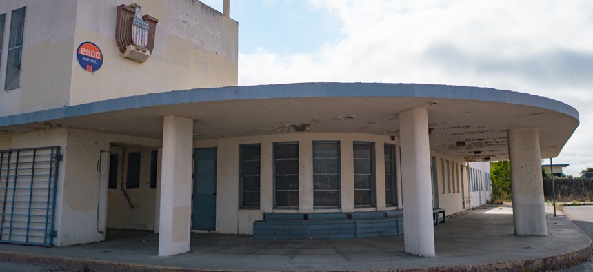 Entrance of the defunct Alameda Naval Air Station (NAS), a former US Navy base on Alameda Island, Alameda, California.