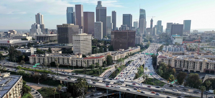 Downtown Los Angeles during the afternoon commute in 2022.