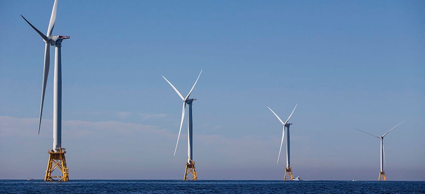 The GE-Alstom Block Island Wind Farm stands three miles off of Block Island on September 22, 2016, in New Shoreham, Rhode Island.
