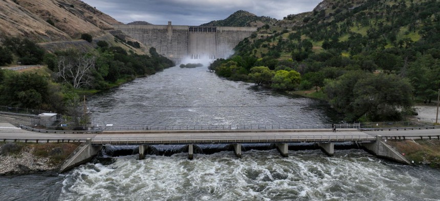 Water rushes out of Pine Flat Dam as the Army Corps of Engineers continue to manage flows into the King's River in Pine Flat, California, on May 2, 2023. 