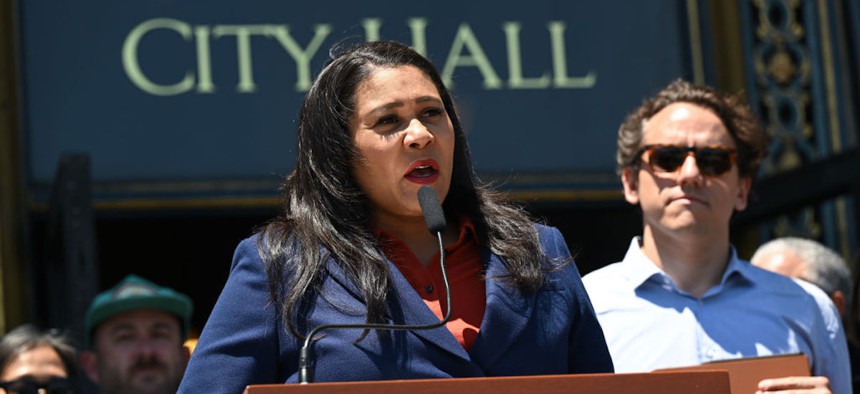 Mayor London N. Breed speaks during a rally for the Housing for All process reform legislation outside of the City Hall in San Francisco, California, on June 29, 2023. 