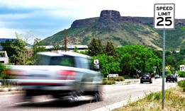 A speed limit sign in Golden, Colorado.