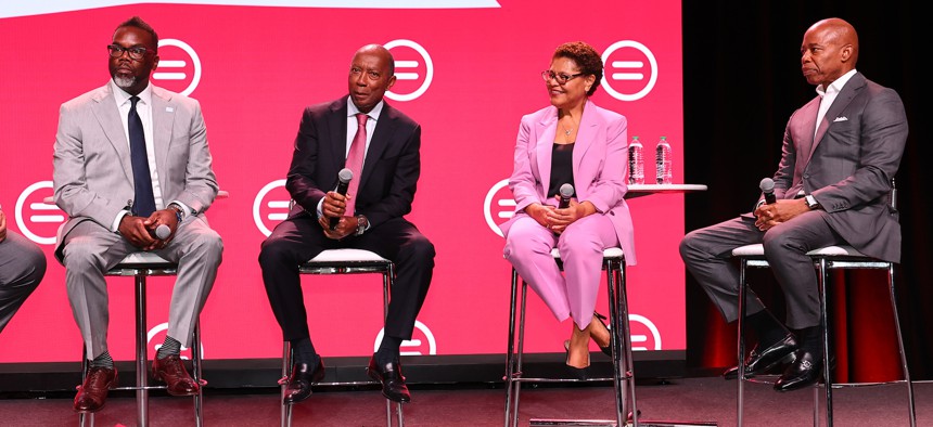 From left to right: Mayor of Chicago Brandon Johnson, Mayor of Houston Sylvester Turner, Mayor of Los Angeles Karen Bass and NYC Mayor Eric Adams at the National Urban League Conference last week.