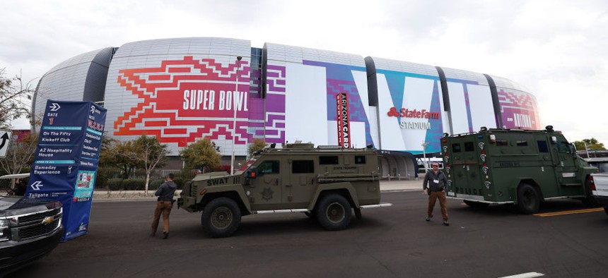 General view of State Farm Stadium and the security presence ahead of Super Bowl LVII on February 11, 2023 in Glendale, Arizona. 