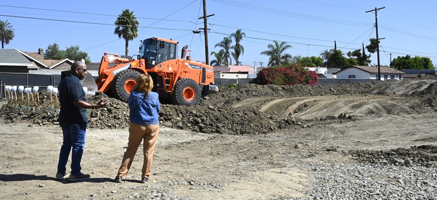 A 50-unit affordable housing development under construction in the Church of Christ's parking lot in Los Angeles. 