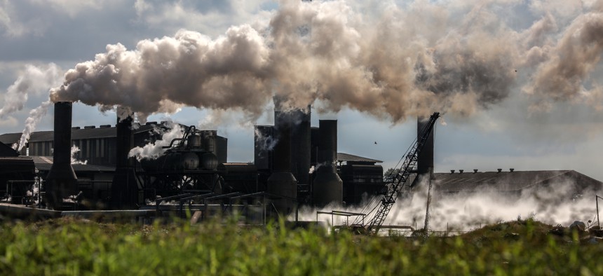 Smoke billowing from a sugar refinery in Louisiana