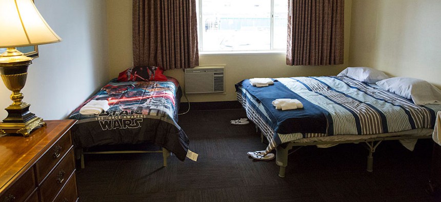 A bedroom is pictured inside a former motel building owned by Amazon that the company offered to the nonprofit Mary's Place to use as a temporary shelter for homeless women and their families in Seattle, Washington, on May 4, 2016.