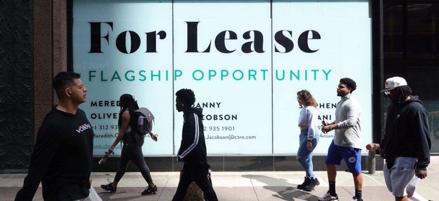 A sign advertises vacant retail space for lease in the Loop on April 20, 2023 in Chicago, Illinois. Chicago's downtown is littered with vacant retail space as it continues to struggle after office workers who fled downtown during the pandemic have been slow to return. 