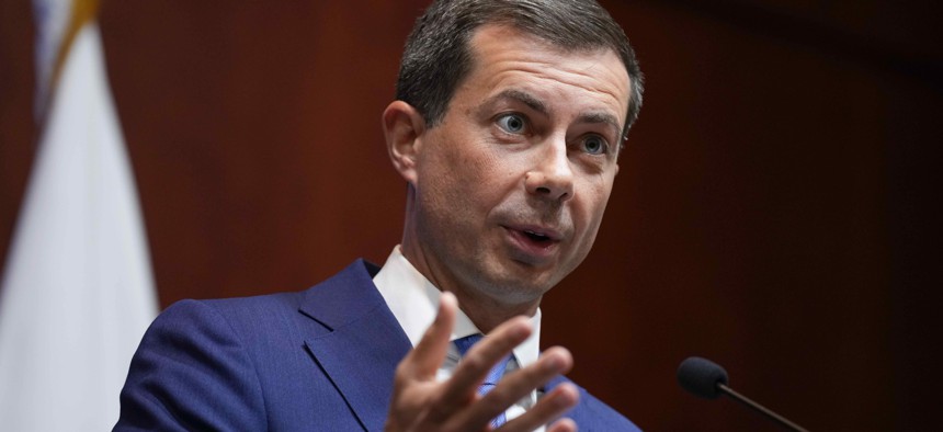 U.S. Transportation Secretary Pete Buttigieg warned that a shutdown could hurt efforts to address air and rail safety at a press conference Wednesday, September 27, 2023.