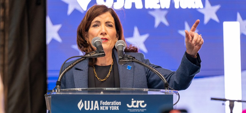New York Governor Kathy Hochul speaks to thousands at a 'New York Stands With Israel' vigil and rally on October 10 in New York City. Governors around the country are making it known where they stand on the conflict in the Middle East. 