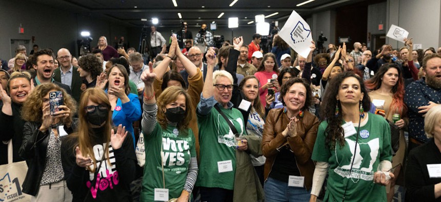 Abortion rights supporters celebrate winning the referendum on the so-called Issue 1, a measure to enshrine a right to abortion in Ohio's Constitution, in Columbus, Ohio on November 7, 2023.